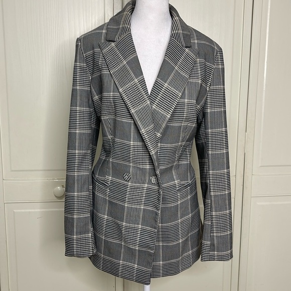 H&M Women's Sz 12 Blazer Gray Beige Plaid Double Breasted Lined Blazer Jacket - Picture 1 of 14